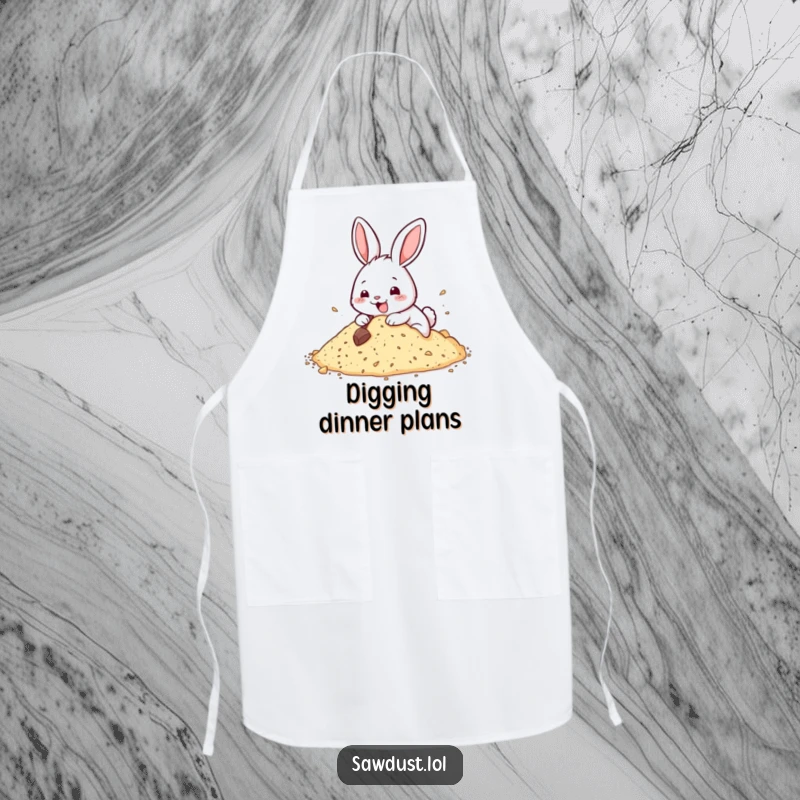 Funny apron adorned with a happy rabbit digging, perfect for joyful cooking and kitchen adventures.