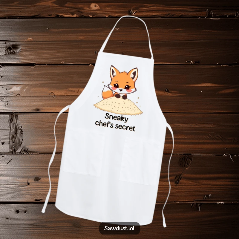 Funny apron showing a playful cartoon fox peeking out from a pile of sawdust, perfect for kitchen fun.
