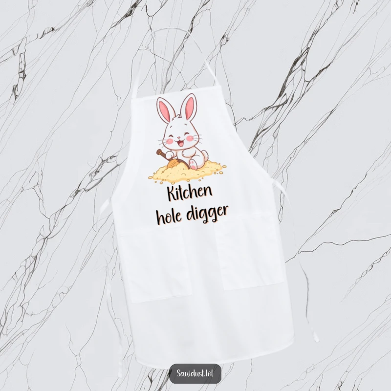 Funny apron showing a cheerful cartoon rabbit joyfully digging into a pile of sawdust, perfect for kitchen fun.