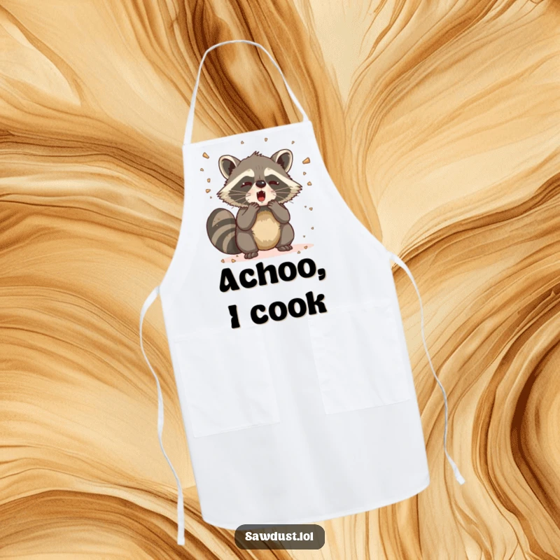 Funny Raccoon Sneeze Apron depicting a raccoon unleashing a sneeze, scattering sawdust in a comical kitchen mishap.
