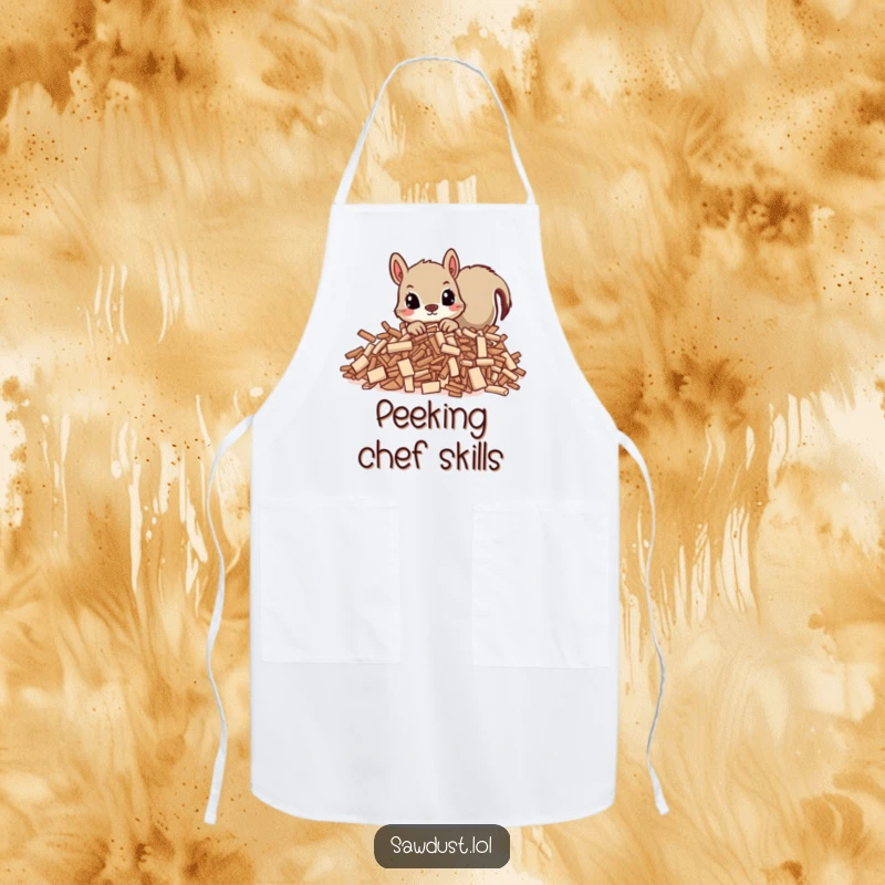 Funny apron adorned with a curious squirrel peeking out, perfect for joyful cooking and kitchen adventures.