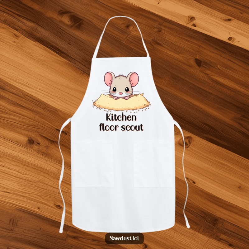 Funny Apron showing a tiny mouse peeking from sawdust dusting, ideal for a cute and shy cook, a humorous kitchen accessory.