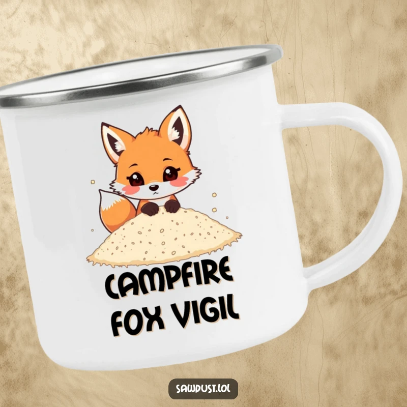 Funny enamel camping mug depicting a playful cartoon fox peeking out from a pile of sawdust.