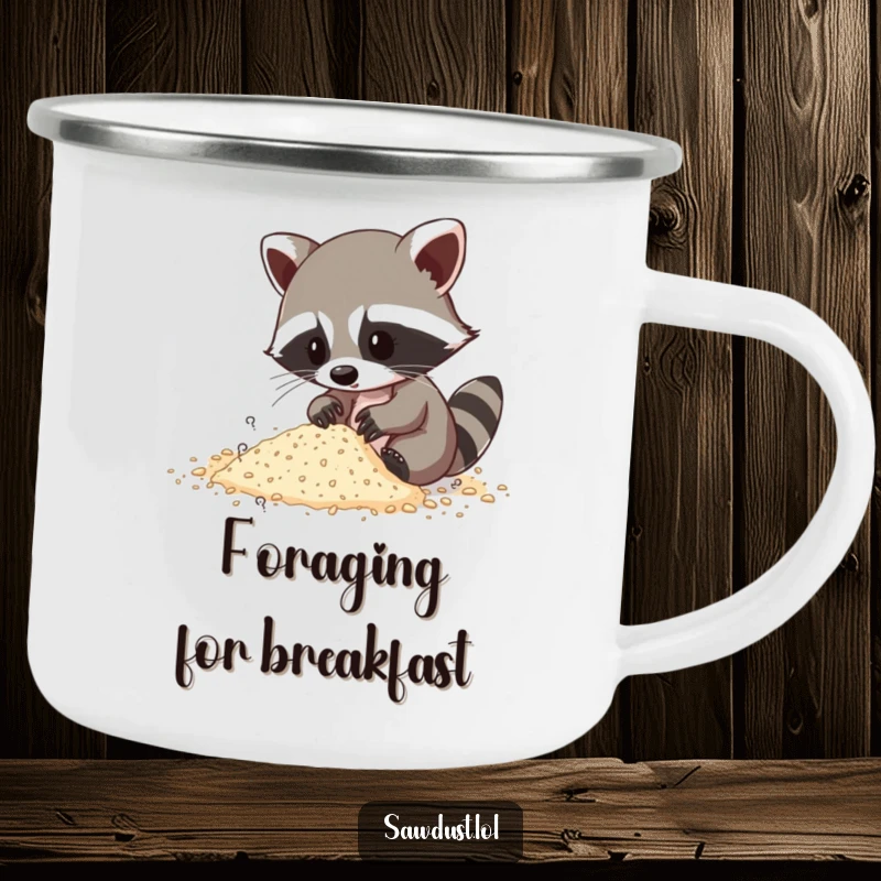 Funny camping mug design of a curious raccoon sifting through a pile of sawdust, great for outdoor enthusiasts.