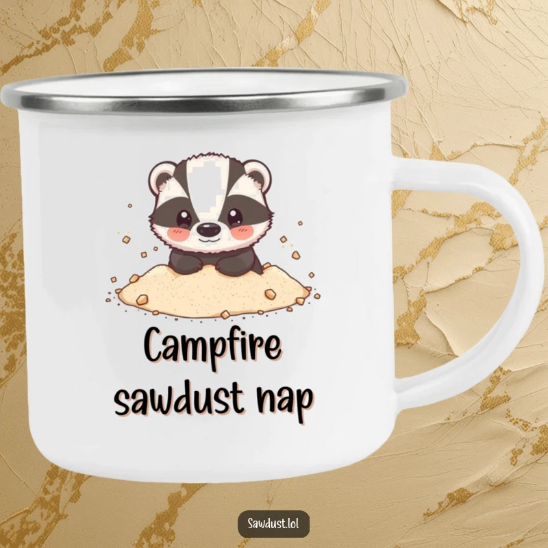 Funny Camping Mug: A sturdy mug featuring an adorable badger, happily covered in sawdust, perfect for outdoor adventures.