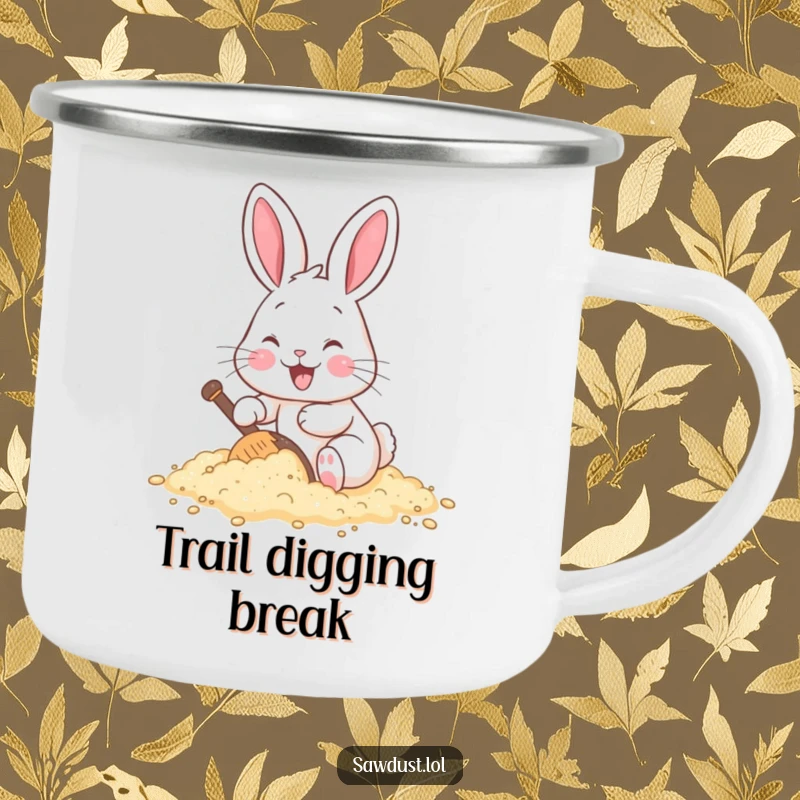 Funny enamel camping mug depicting a cheerful cartoon rabbit happily digging in a pile of sawdust.