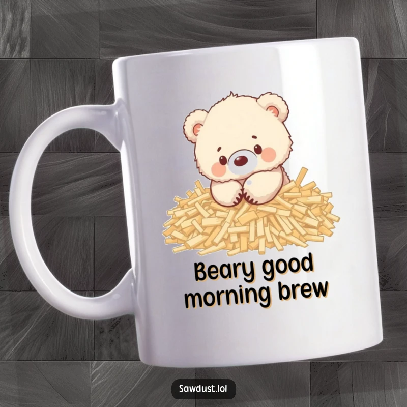 Funny mug featuring an adorable, fluffy bear cub joyfully playing amidst a pile of wood shavings, looking cute.