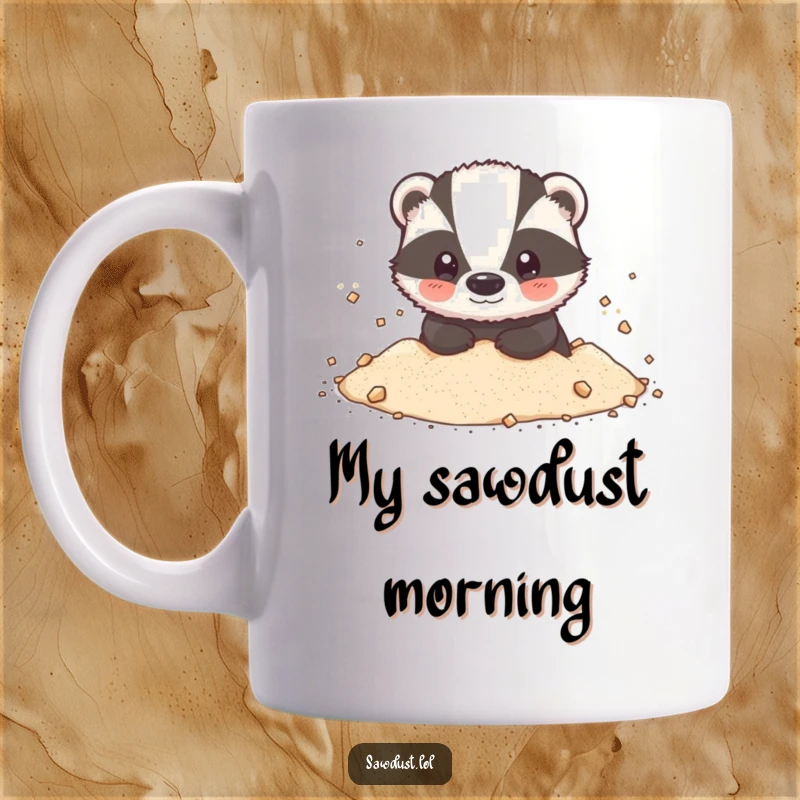 Funny Mug: A small, adorable badger happily dusted from head to toe with a fluffy puff of sawdust.