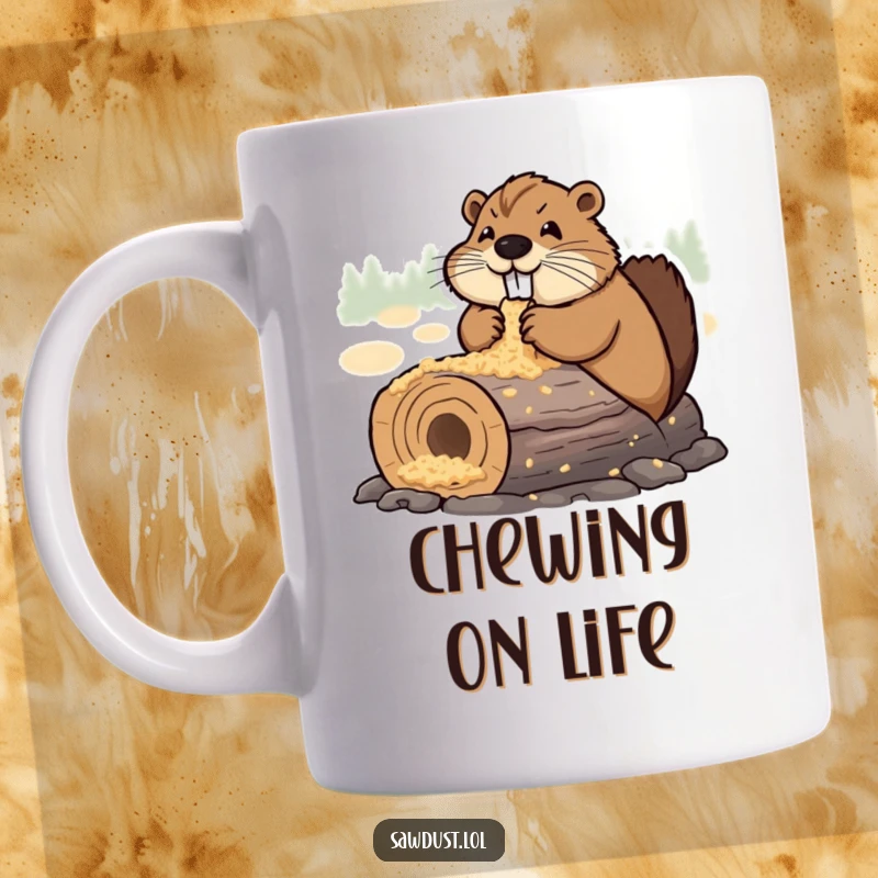 Funny Mug showing a determined beaver cheerfully chewing on a log covered in sawdust, embodying hard work and happiness.