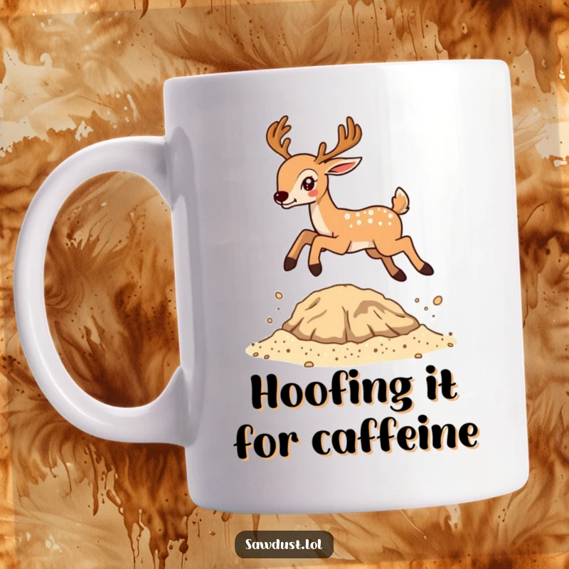 Funny mug featuring a deer joyfully leaping over a small mound of sawdust, showcasing its playful and energetic personality.