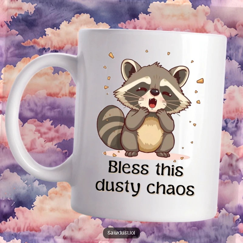 Funny Raccoon Sneeze Mug featuring a raccoon mid-dramatic sneeze, sending sawdust flying everywhere, perfect for a laugh.