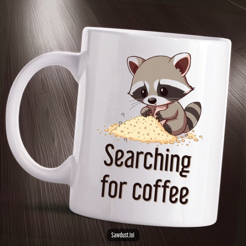 Funny mug featuring a curious raccoon sifting through sawdust, its expression full of playful investigation.