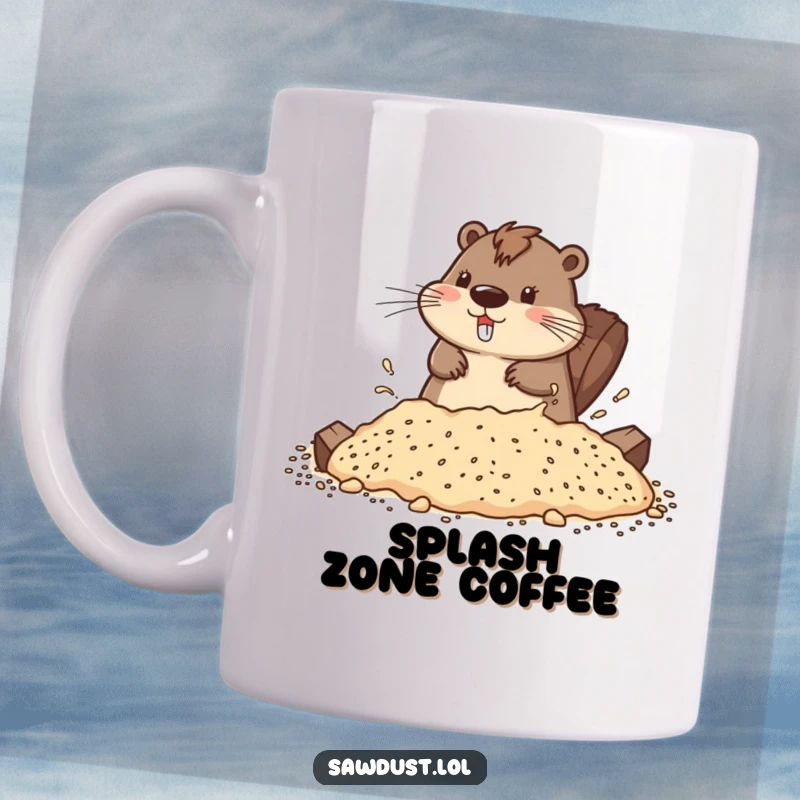 Funny mug featuring a playful beaver splashing happily in sawdust, embodying a fun-loving and energetic personality.