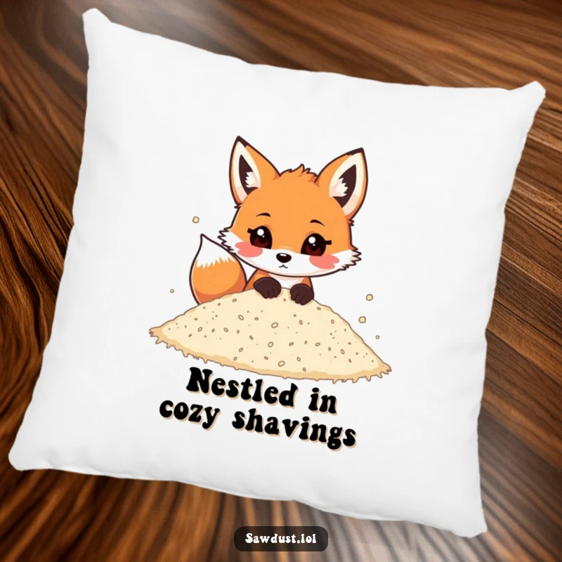 Funny pillow featuring a playful cartoon fox peeking out from within a pile of sawdust, offering cozy fun.