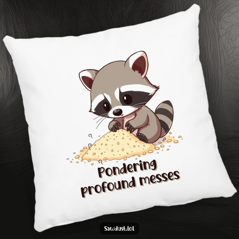 Funny pillow design showing a raccoon intently sifting through sawdust, bringing a cozy and curious vibe.