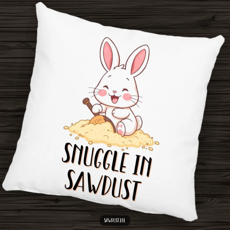 Funny pillow featuring a cheerful cartoon rabbit happily digging within a pile of sawdust, offering comfort.