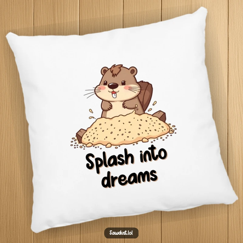 Funny pillow featuring a playful beaver splashing in sawdust, offering comfort and a charming accent.