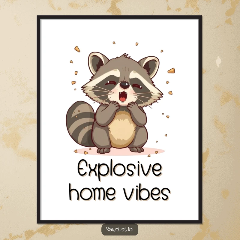Funny Raccoon Sneeze Digital Art Print of a raccoon sneezing with comical force, sawdust flying, for instant humorous decor.