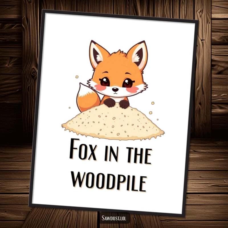 Funny digital art print of a playful cartoon fox peeking out from a pile of sawdust, ready for download.