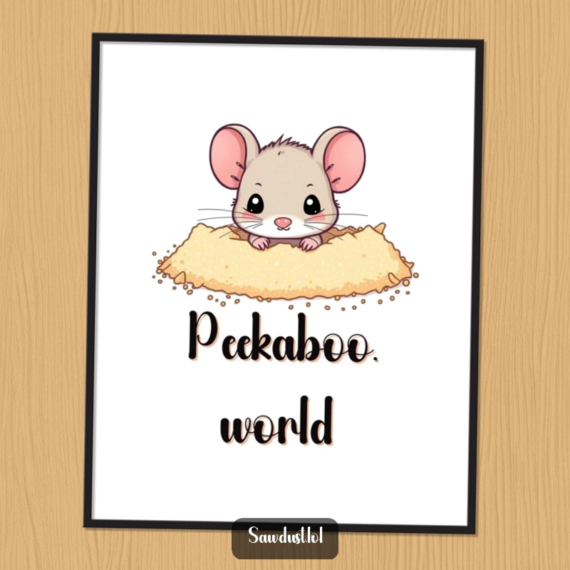 Funny Digital Art Print of a tiny mouse peeking out from a dusting of sawdust, capturing a whimsical and humorous scene for your walls.