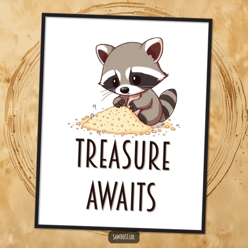 Funny digital art of a raccoon intently sifting through sawdust, perfect for immediate and humorous wall decor.