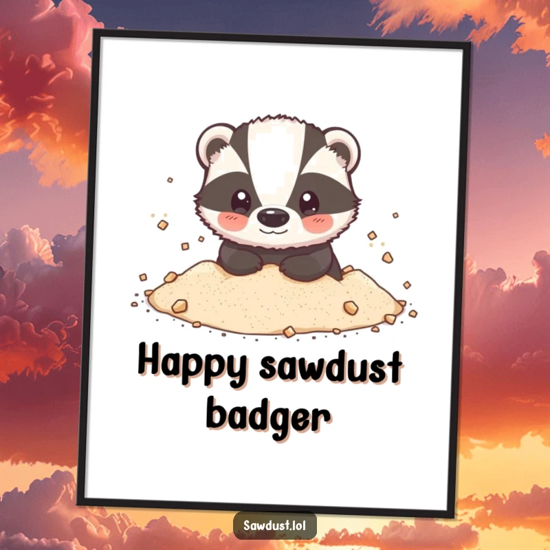 Funny Digital Art Print: A high-resolution image of a happy badger, joyfully covered in a fluffy puff of light sawdust.
