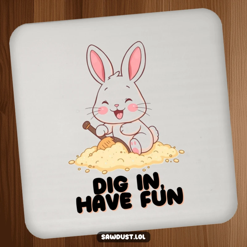 Funny drink coaster featuring a cheerful cartoon rabbit happily digging in a pile of sawdust, protecting surfaces.