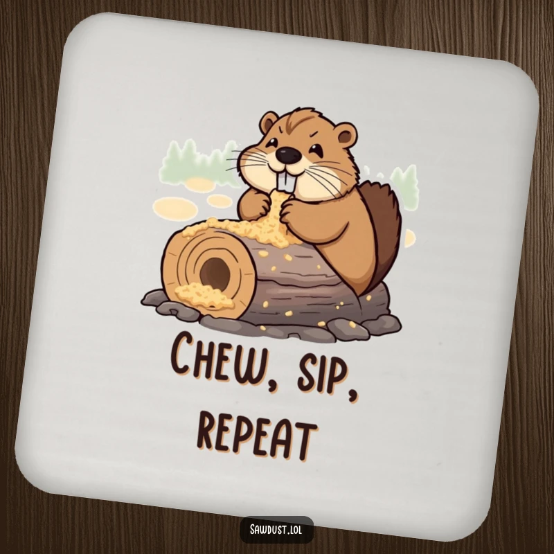 Funny Drink Coaster featuring a determined beaver happily chewing a sawdust-covered log, adding a humorous touch to drink service.