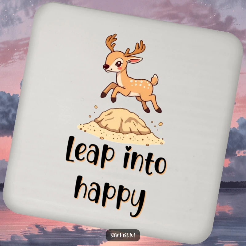 Funny coaster art depicting a deer making a dynamic jump over a small pile of sawdust, protecting furniture.