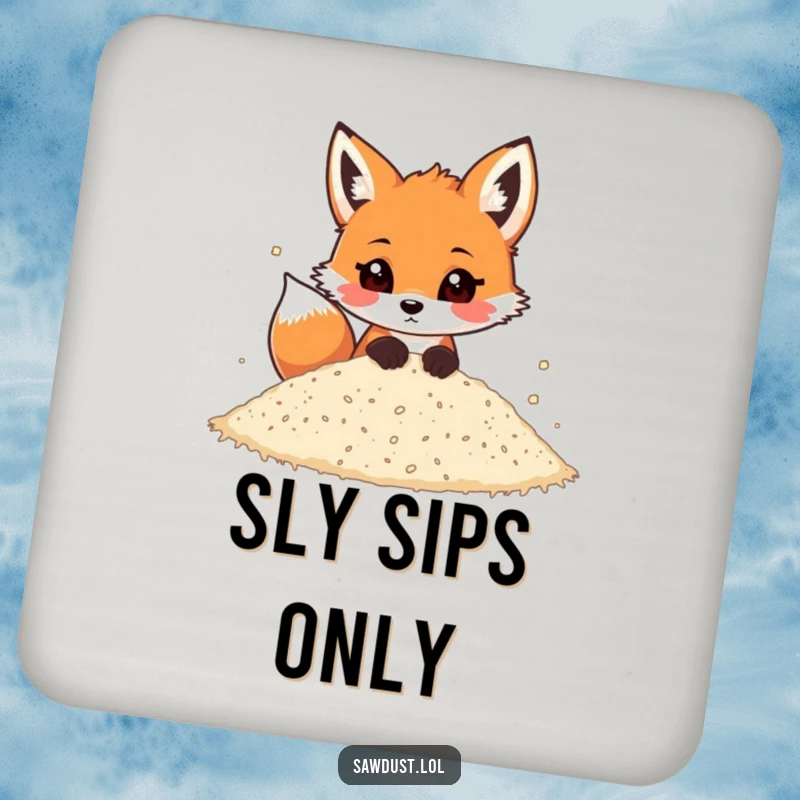 Funny drink coaster featuring a playful cartoon fox peeking out from a pile of sawdust, protecting surfaces.
