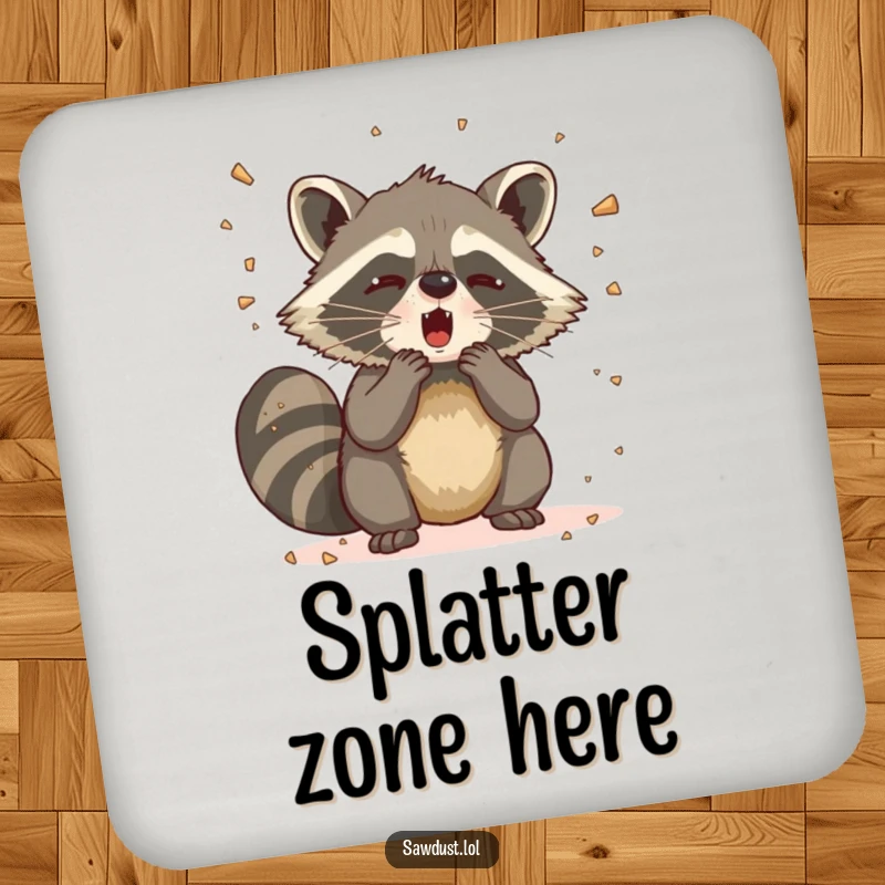Funny Raccoon Sneeze Coaster displaying a raccoon sneezing powerfully, scattering sawdust, designed to add humor to surfaces.