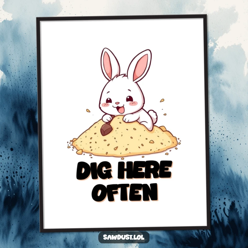 Funny poster showcasing a happy rabbit digging joyfully into sawdust, bringing energetic fun to any wall.