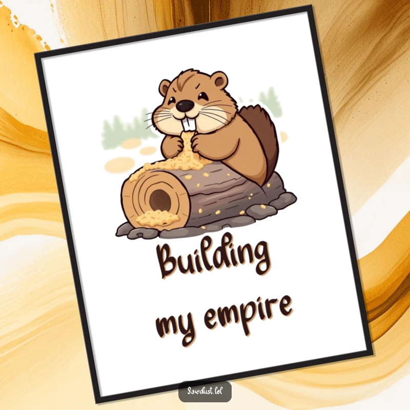 Funny Poster of a determined beaver happily chewing on a log heavily coated in sawdust, celebrating diligent and joyful work.