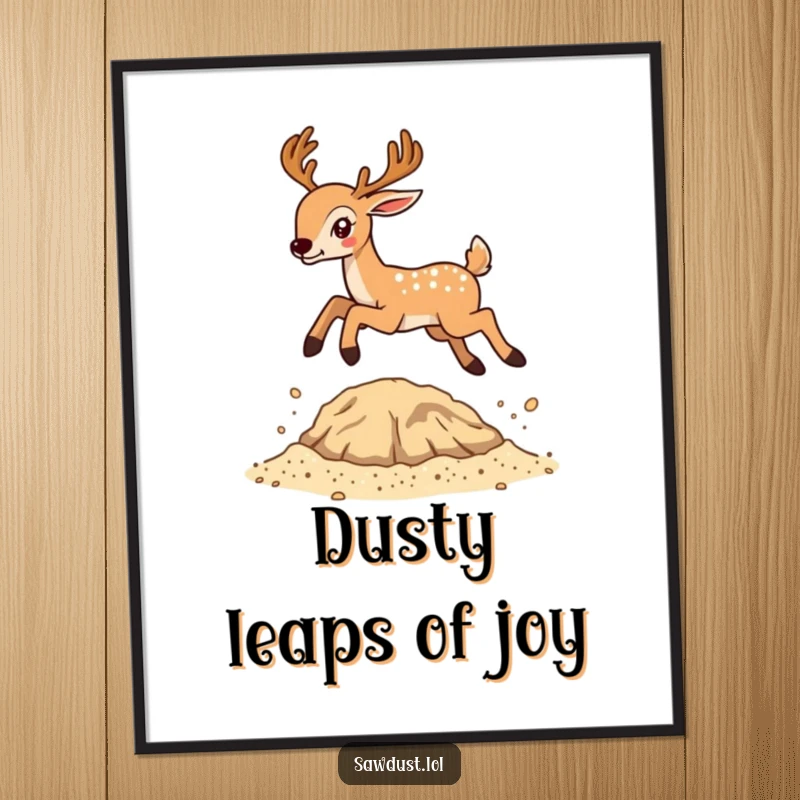 Funny poster print of a deer captured in a dynamic leap over a small mound of sawdust, full of life.