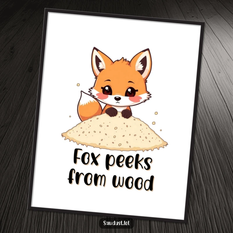 Funny poster art depicting a playful fox peeking out from a pile of sawdust, adding a touch of mischief.