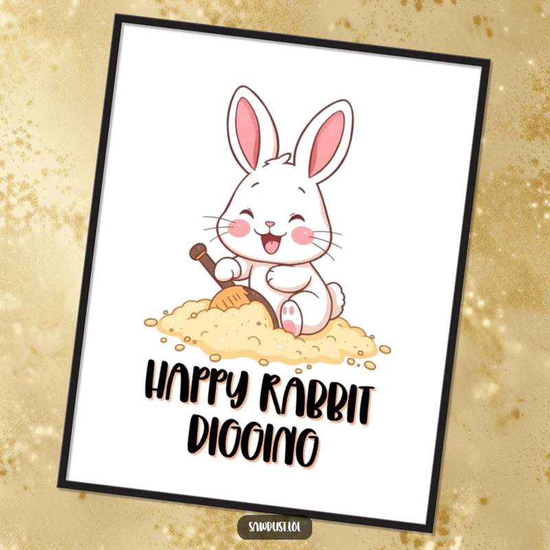 Funny poster art depicting a cheerful rabbit enthusiastically digging into a pile of sawdust, full of happy energy.