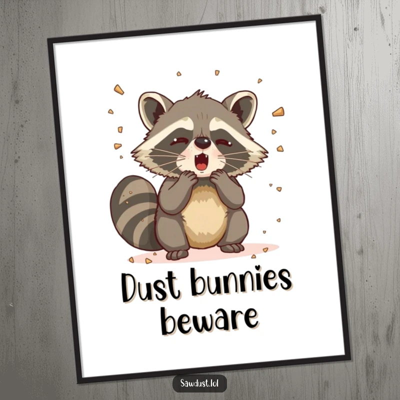 Funny Raccoon Sneeze Poster illustrating a raccoon mid-sneeze, with sawdust dramatically flying, creating a comical and eye-catching art piece.