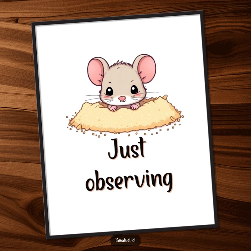 Funny Poster of a tiny mouse peeking out from a dusting of sawdust, capturing a moment of shy curiosity and heartwarming charm.