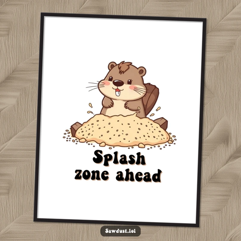 Funny poster showcasing a playful beaver splashing joyfully in sawdust, bringing energetic fun to any wall.