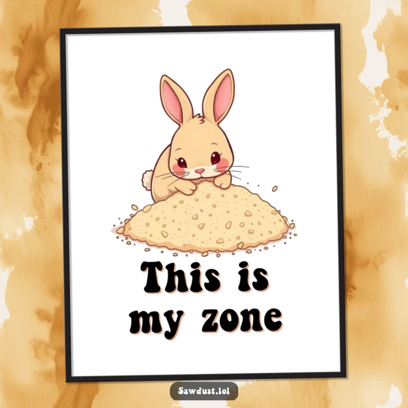 Funny Poster showcasing a curious rabbit enthusiastically digging in a generous pile of sawdust, capturing a moment of pure, energetic fun.
