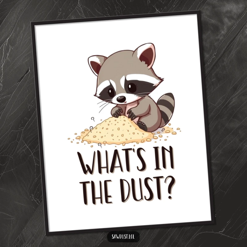 Funny poster print of a raccoon diligently sifting through a mound of sawdust, searching for hidden wonders.