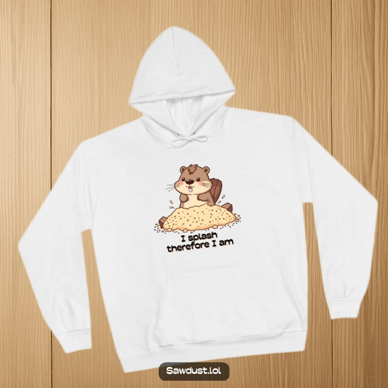 Funny hoodie featuring a playful beaver splashing in sawdust, perfect for staying warm and cozy.