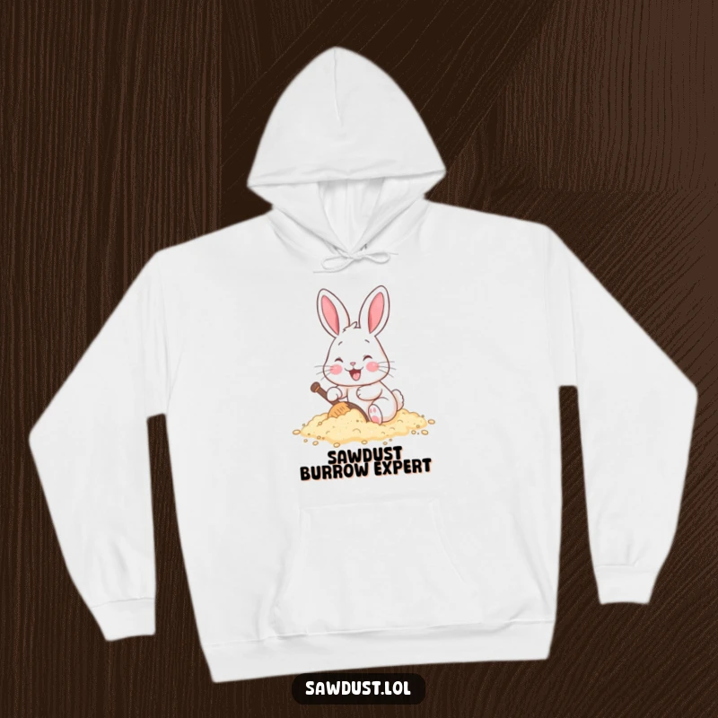 Funny hoodie featuring a cheerful cartoon rabbit happily engaged in digging through a large pile of sawdust.