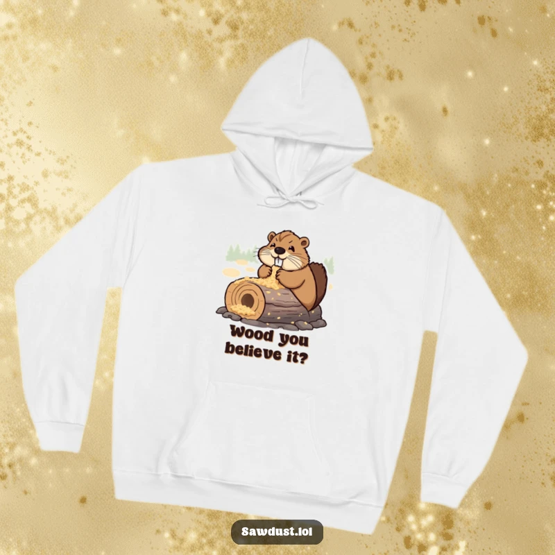 Funny Hoodie depicting a determined beaver happily chewing a sawdust-covered log, exuding joyful industriousness and cozy vibes.