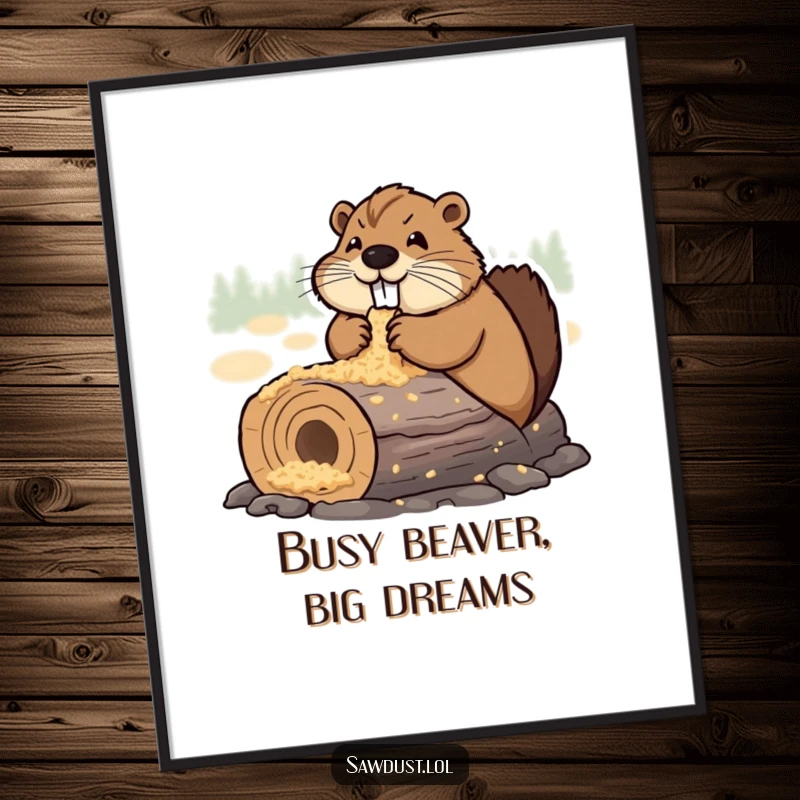 Funny Free Printable Wall Art: Determined beaver happily chewing a sawdust-covered log, showcasing industrious joy in its natural habitat.