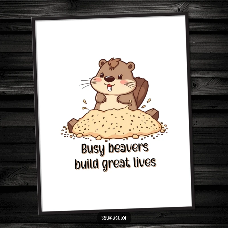 Funny Free Printable Wall Art: A playful beaver happily splashing in a pile of sawdust, full of energy.
