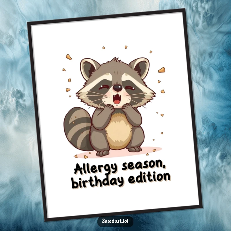 Funny Free Printable Wall Art: Comical raccoon captured mid-sneeze, showering the area with sawdust in a hilarious display.