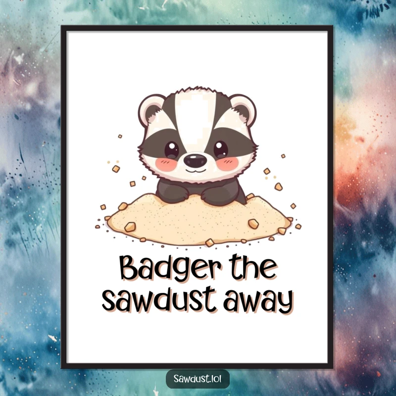 Funny Free Printable Wall Art: A small badger happily dusted with sawdust, a charming and quirky piece of downloadable art, room decor.