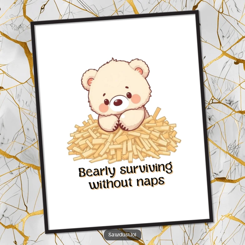 Funny Free Printable Wall Art: A fluffy bear cub playing playfully in wood shavings. Charming downloadable decor.