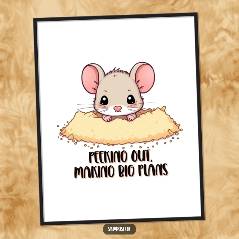 Funny Free Printable Wall Art: Tiny mouse peeking out from a dusting of sawdust, a scene of quiet curiosity and charm.